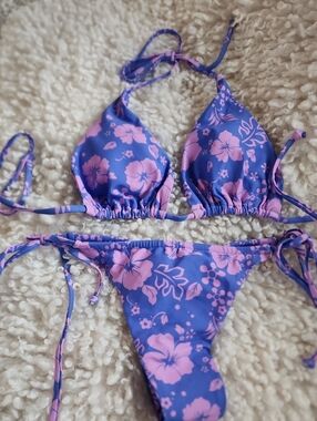 Periwinkle & Pink Floral String Bikini Top and Bottom. Size M